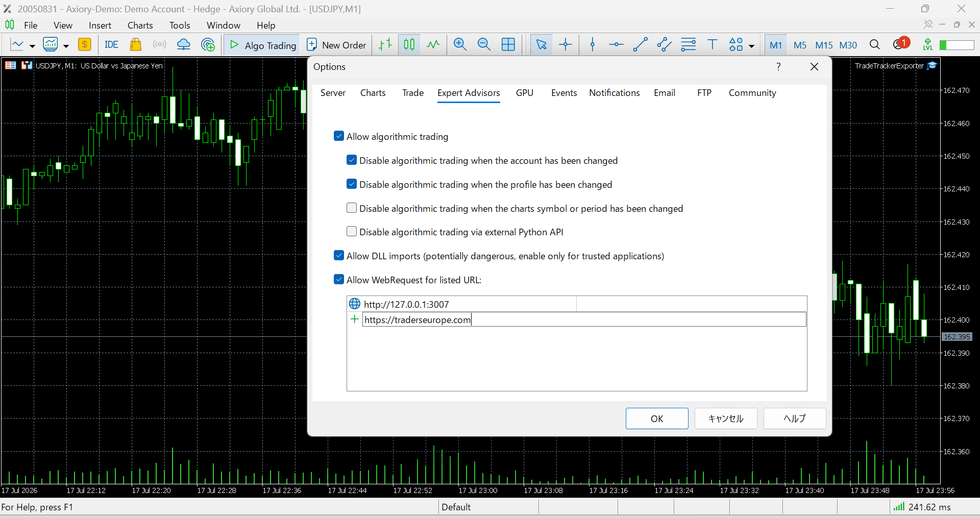 MT5 options: allow WebRequest for traderseurope.com